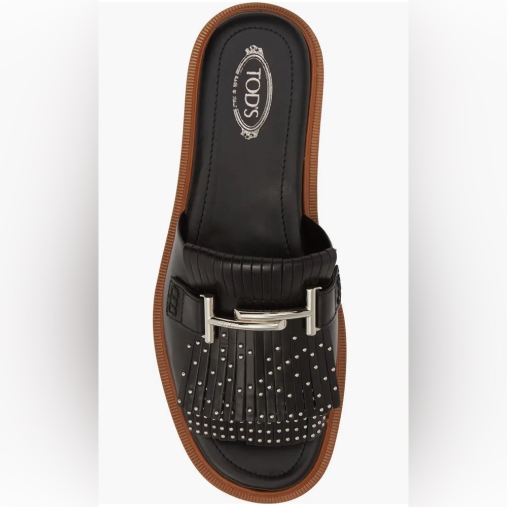 ❤️Tod’s NWT Fringed Studded Leather Platform Slides in Black.  Size 38.